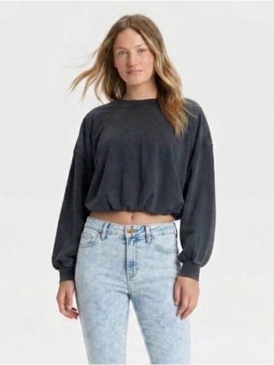 JoyLab Tops - NWT JoyLab Washed Black Cropped Bubble Hem Lightweight Cotton Blend Sweatshirt